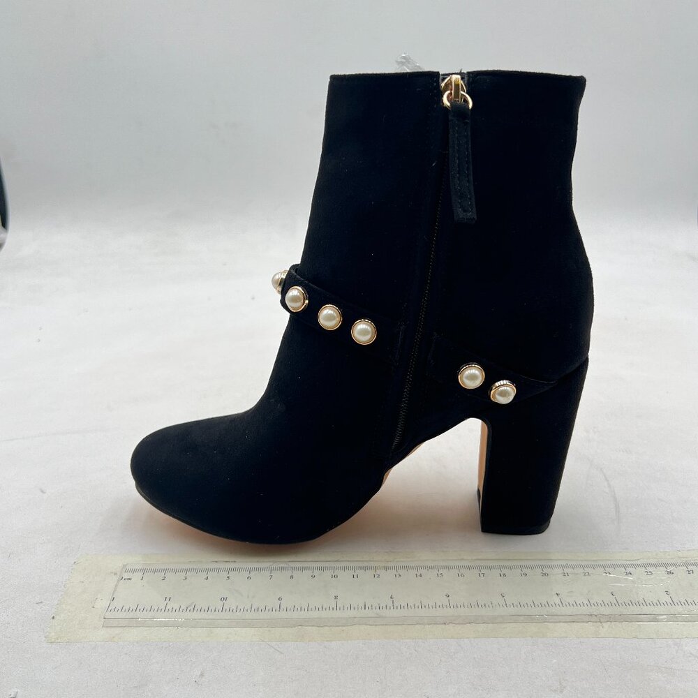 YDN Black Pearls Beaded Round Toe Smooth Side Zipper Block High Heel Ankle Boots
